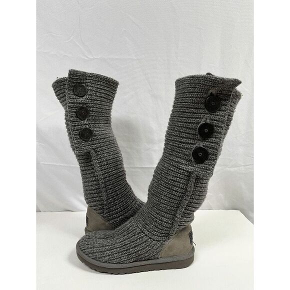 UGG Australia Womens Classic Cardy Boots Gray Wool Knit Big Button Tall Size 7 - Picture 1 of 7